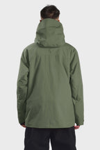 Men's camouflage snow jacket by Les Odettes with face venting, multiple pockets, and waterproof design for winter outdoor activities.