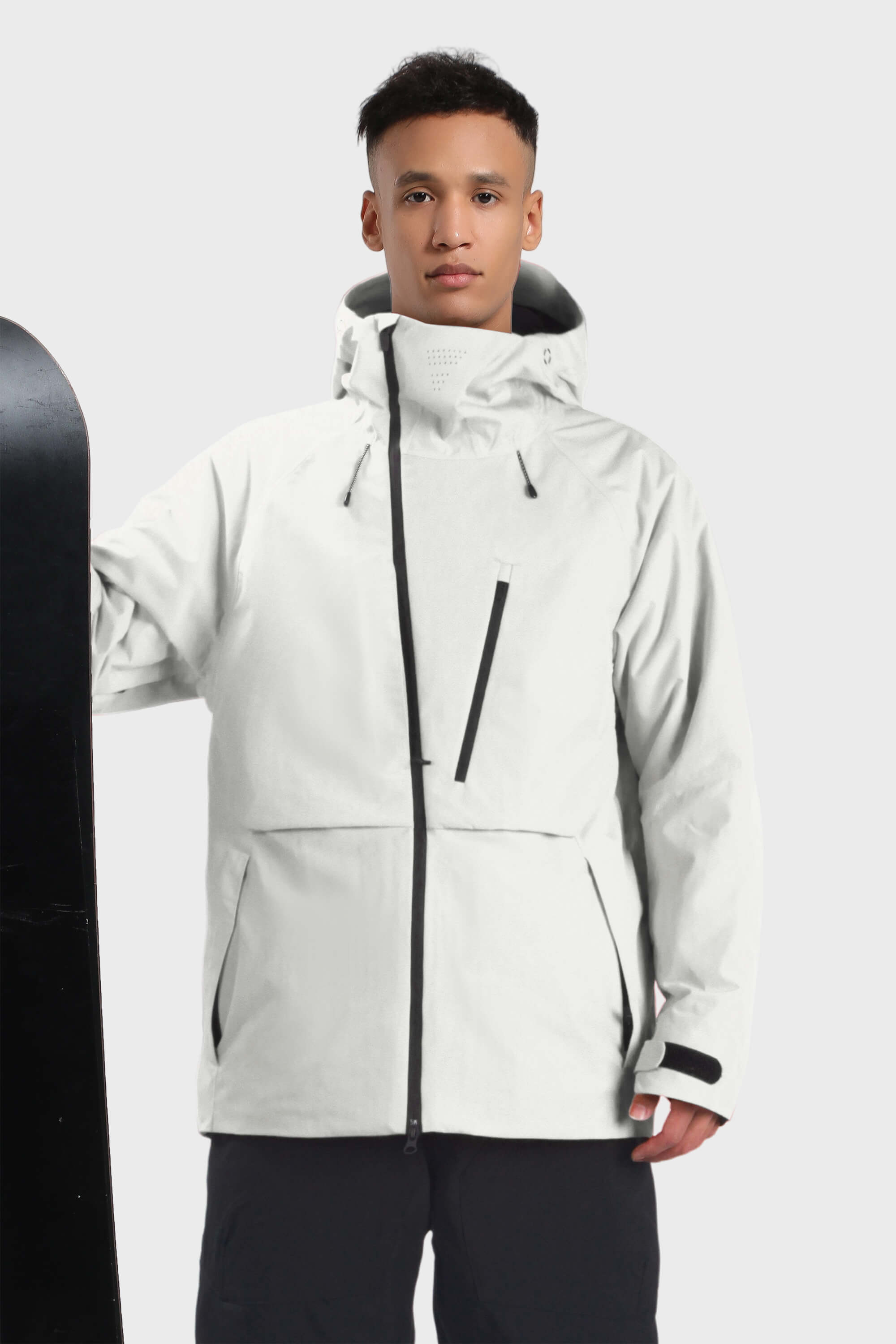 Men's camouflage snow jacket by Les Odettes with face vent, multiple pockets, fully waterproof, designed for winter outdoor activities.