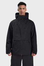 Men's camouflage snow jacket by Les Odettes with face vent, multiple pockets, fully waterproof, and snow-resistant features.