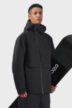 Men's camouflage waterproof snow jacket with face vent and multiple pockets by Les Odettes, shown in black, front view.