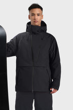 Men's camouflage snow jacket by Les Odettes with face vent, multiple pockets, and waterproof design, shown in black color.