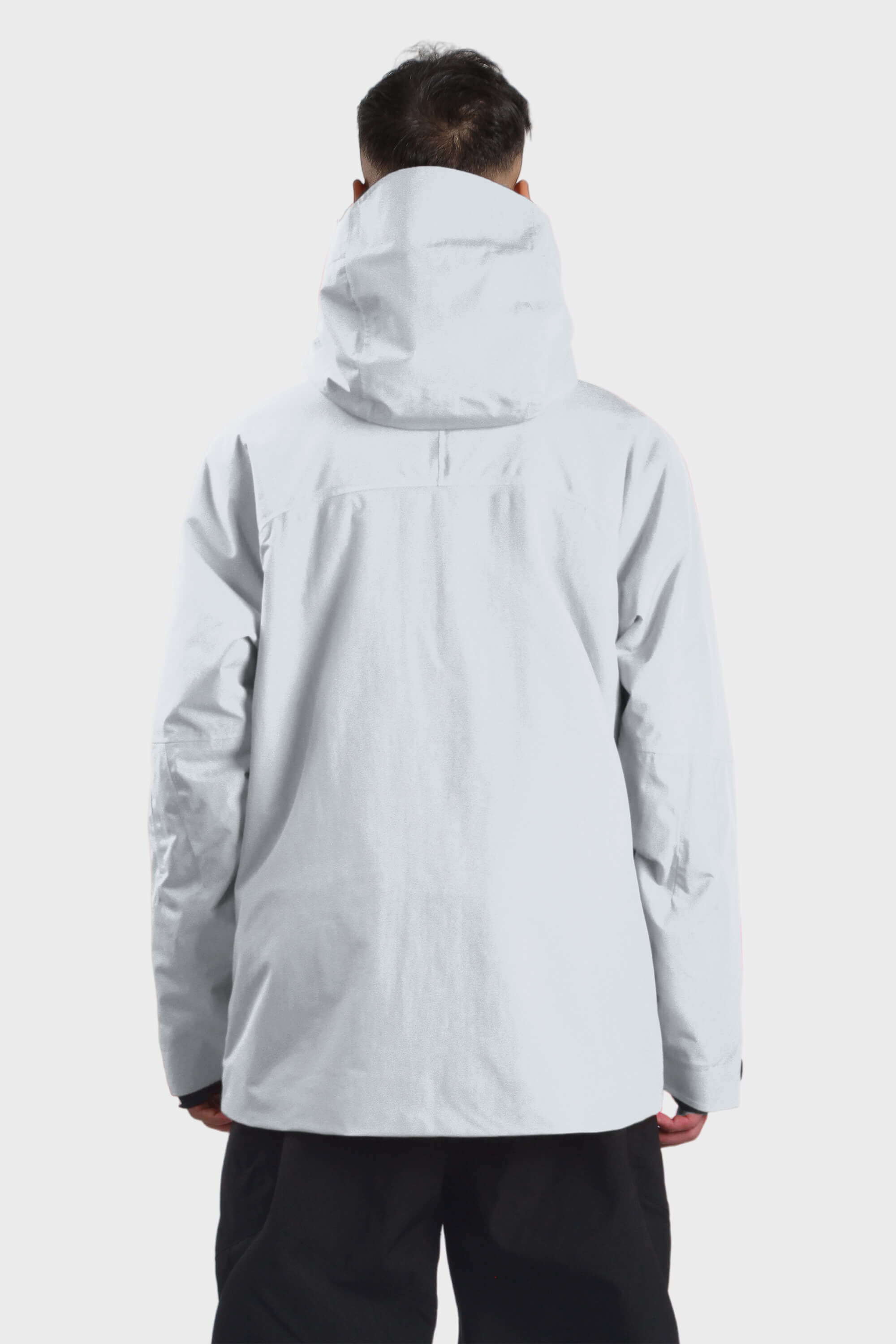 Men's camouflage snow jacket by Les Odettes, vented with multiple pockets, fully waterproof, in grey with a hood and zipper details.