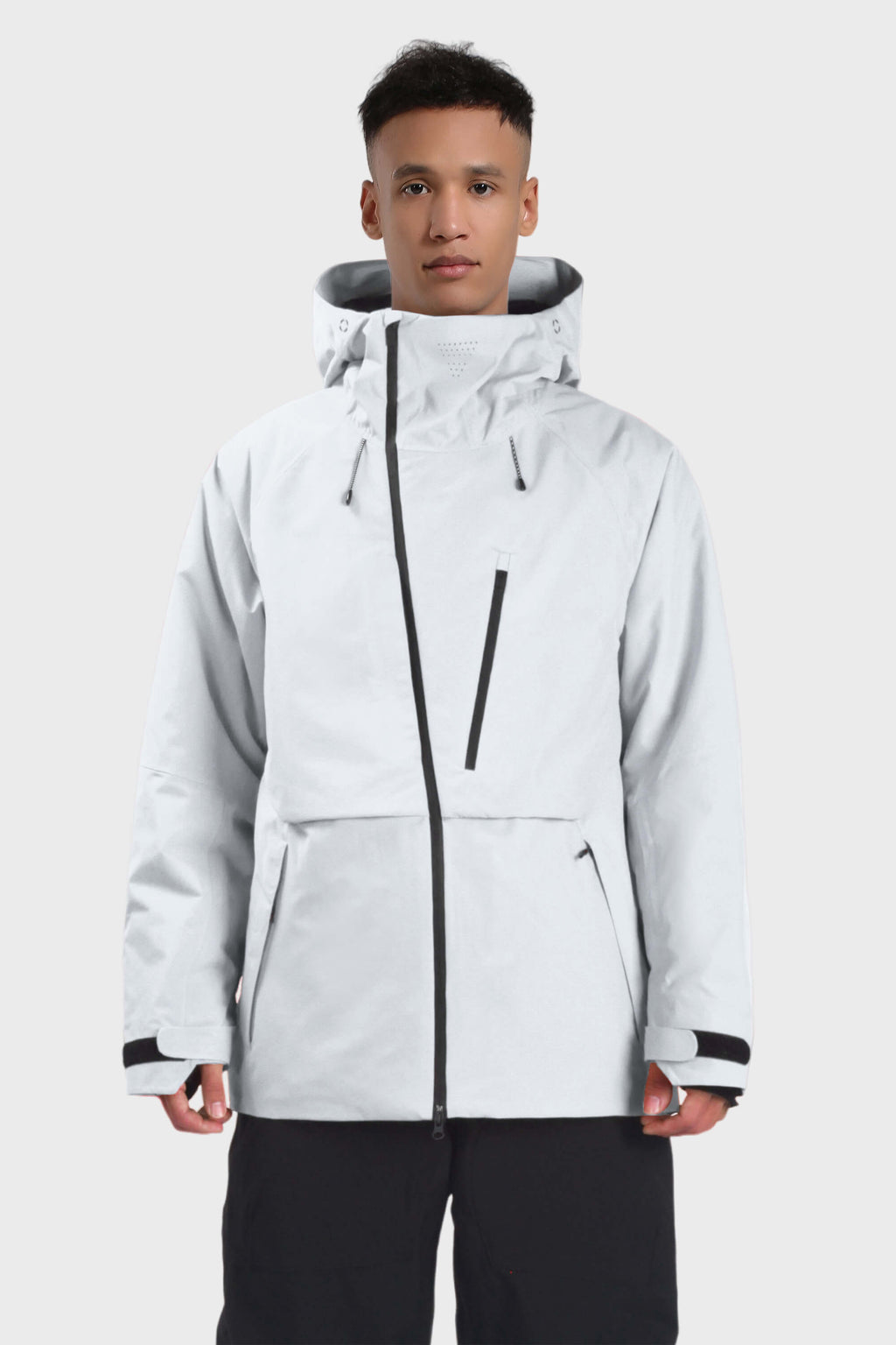 Men's camouflage snow jacket by Les Odettes with face vent, multiple pockets, fully waterproof, grey color, and winter-ready design.