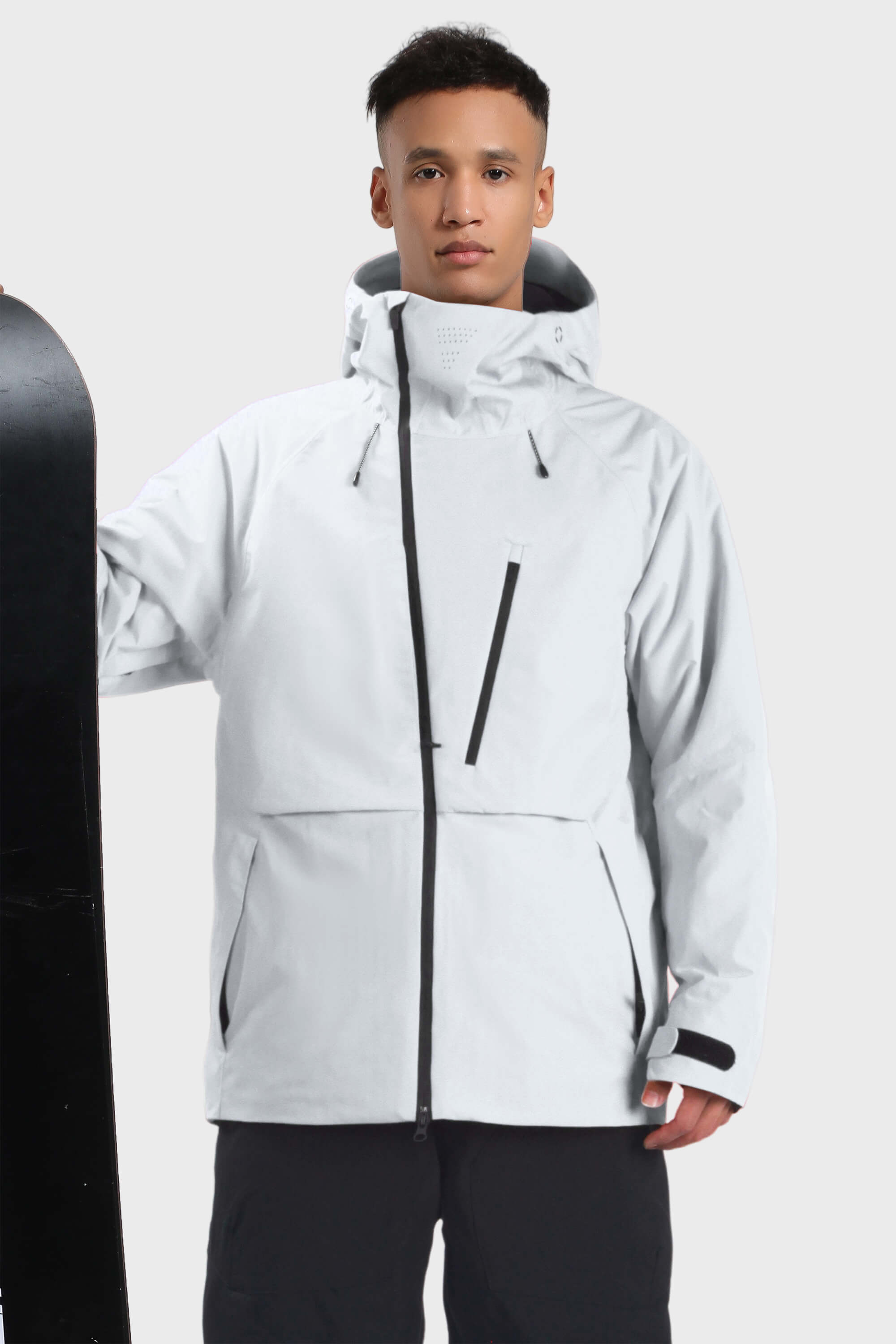 Men's camouflage snow jacket by Les Odettes, waterproof, face vented, multi-pocket, fully insulated winter jacket in grey.