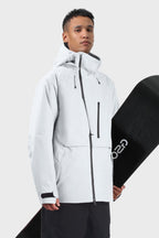 Men's camouflage snow jacket by Les Odettes featuring face vent, multiple pockets, and fully waterproof design in grey color.