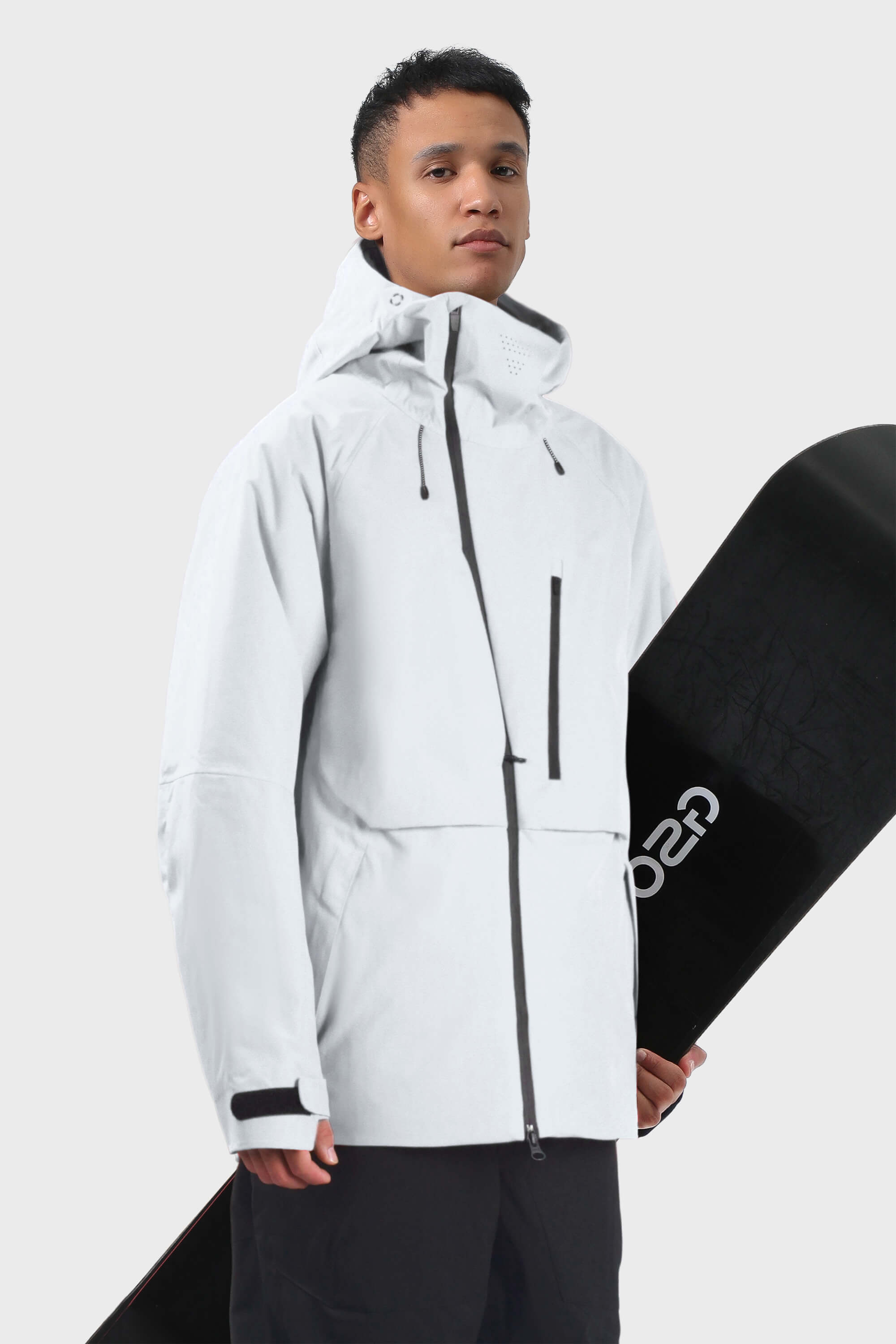 Men's camouflage snow jacket by Les Odettes featuring face vent, multiple pockets, and fully waterproof design in grey color.