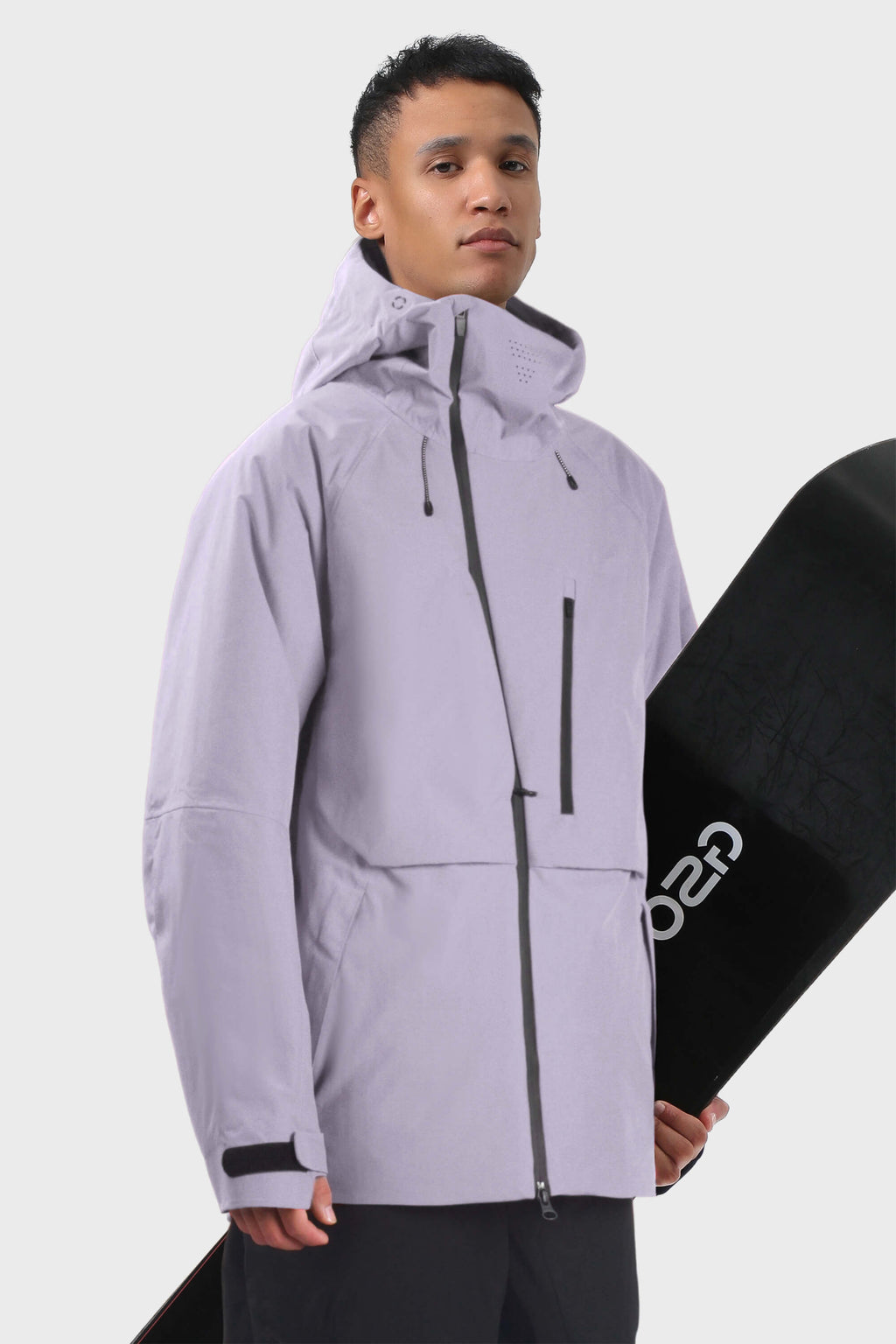 Men's camouflage snow jacket by Les Odettes with face venting, multiple pockets, and waterproof design, shown in a full view.