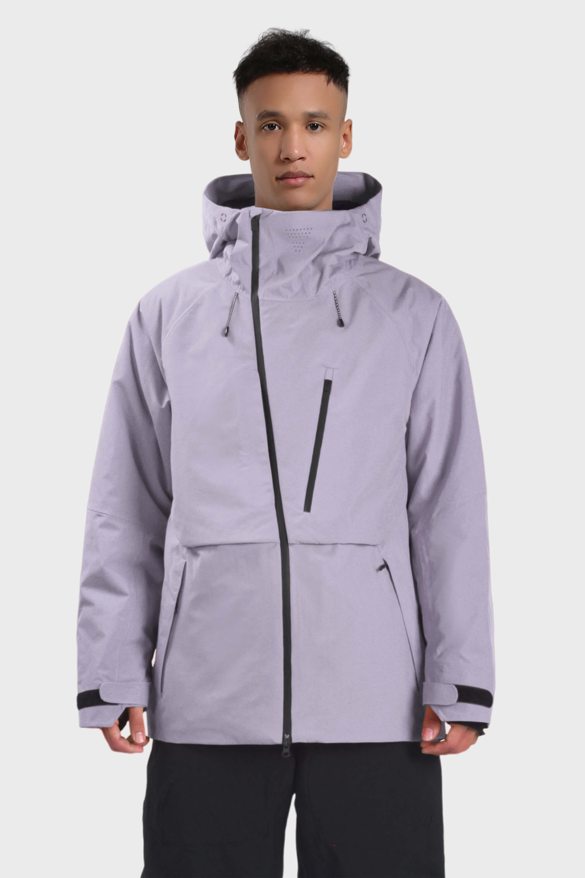 Men's camouflage snow jacket by Les Odettes, waterproof with face vent and multiple pockets, designed for cold weather outdoor activities.