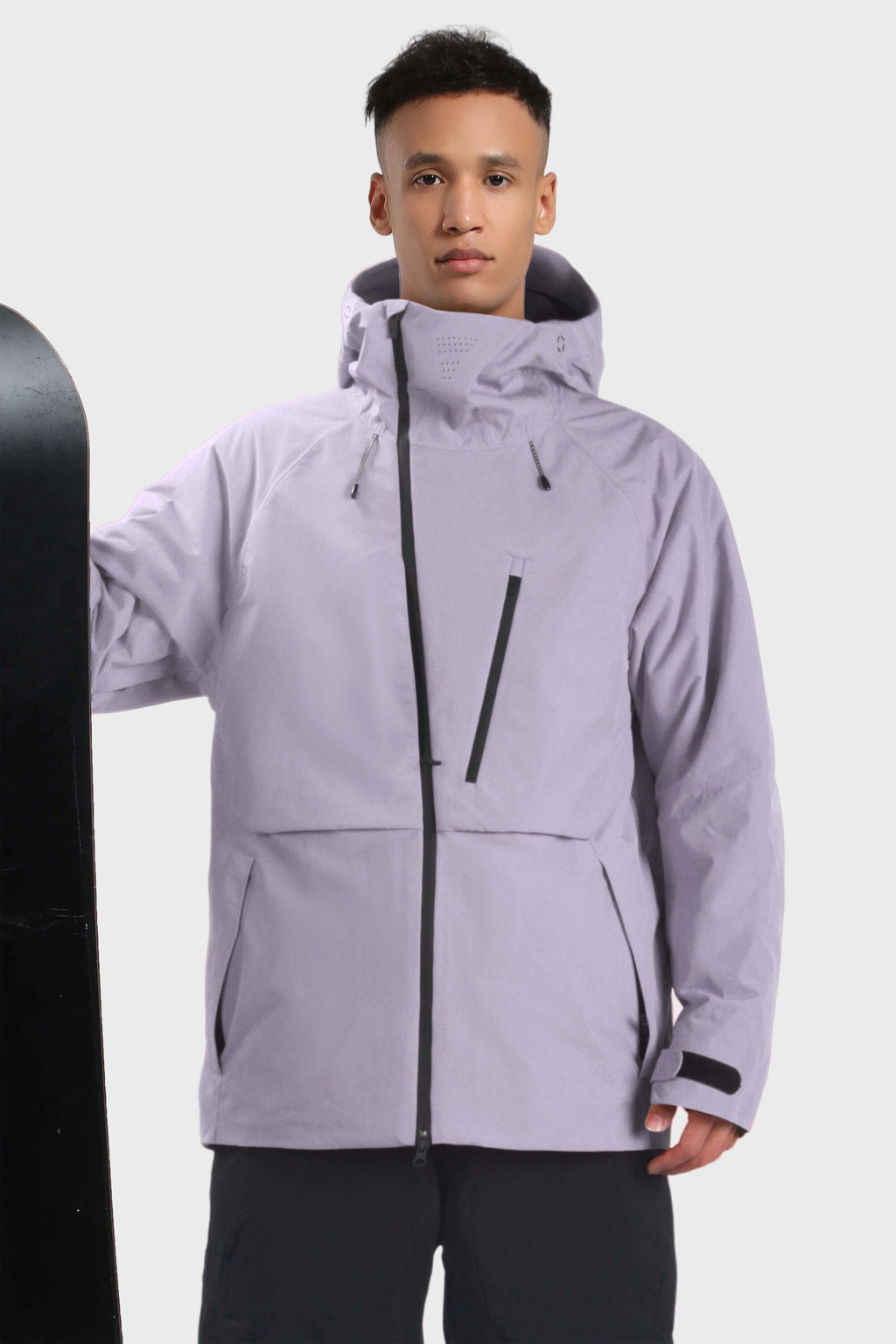 Men's camouflage snow jacket by Les Odettes with face venting, multiple pockets, and waterproof design for winter outdoor activities.
