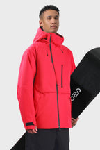 Men's camouflage snow jacket by Les Odettes, waterproof with face vent and multiple pockets, shown in red with winter gear details.