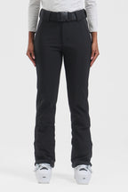 Black women's slim fit fleece-lined ski pants by Les Odettes, showing the snug fit and winter-friendly design.