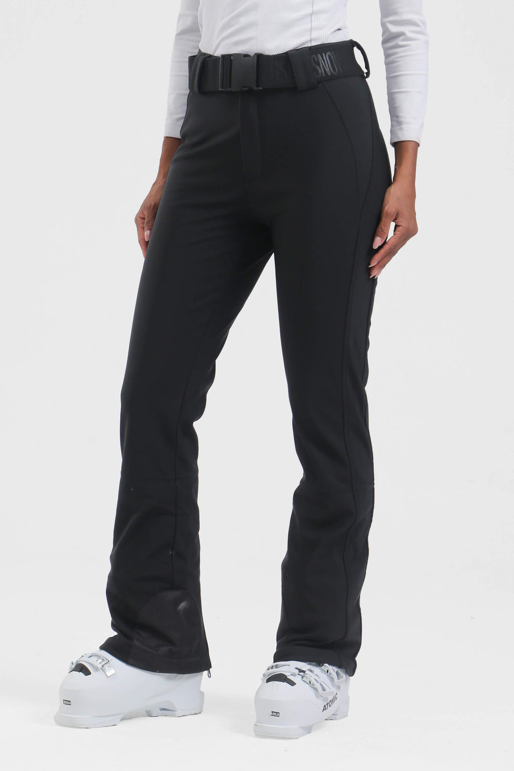 Women's black slim fit fleece-lined ski pants by Les Odettes, showing the sleek design and comfortable fit.