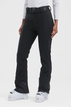 Women's black slim fit fleece-lined ski pants by Les Odettes, showing the sleek design and comfortable fit.