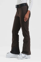Black women's slim fit fleece-lined ski pants by Les Odettes, showing the snug fit and fleece interior for winter warmth.