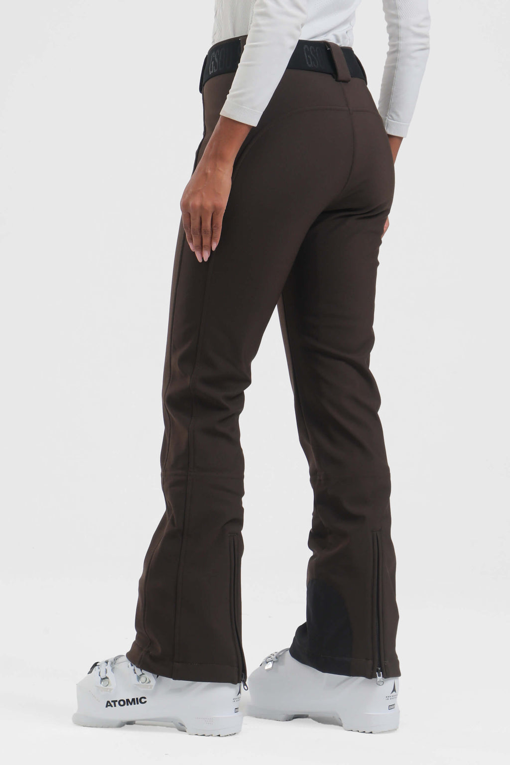 Women's black slim fit fleece-lined ski pants by Les Odettes, showing the fitted design and ski pant details.