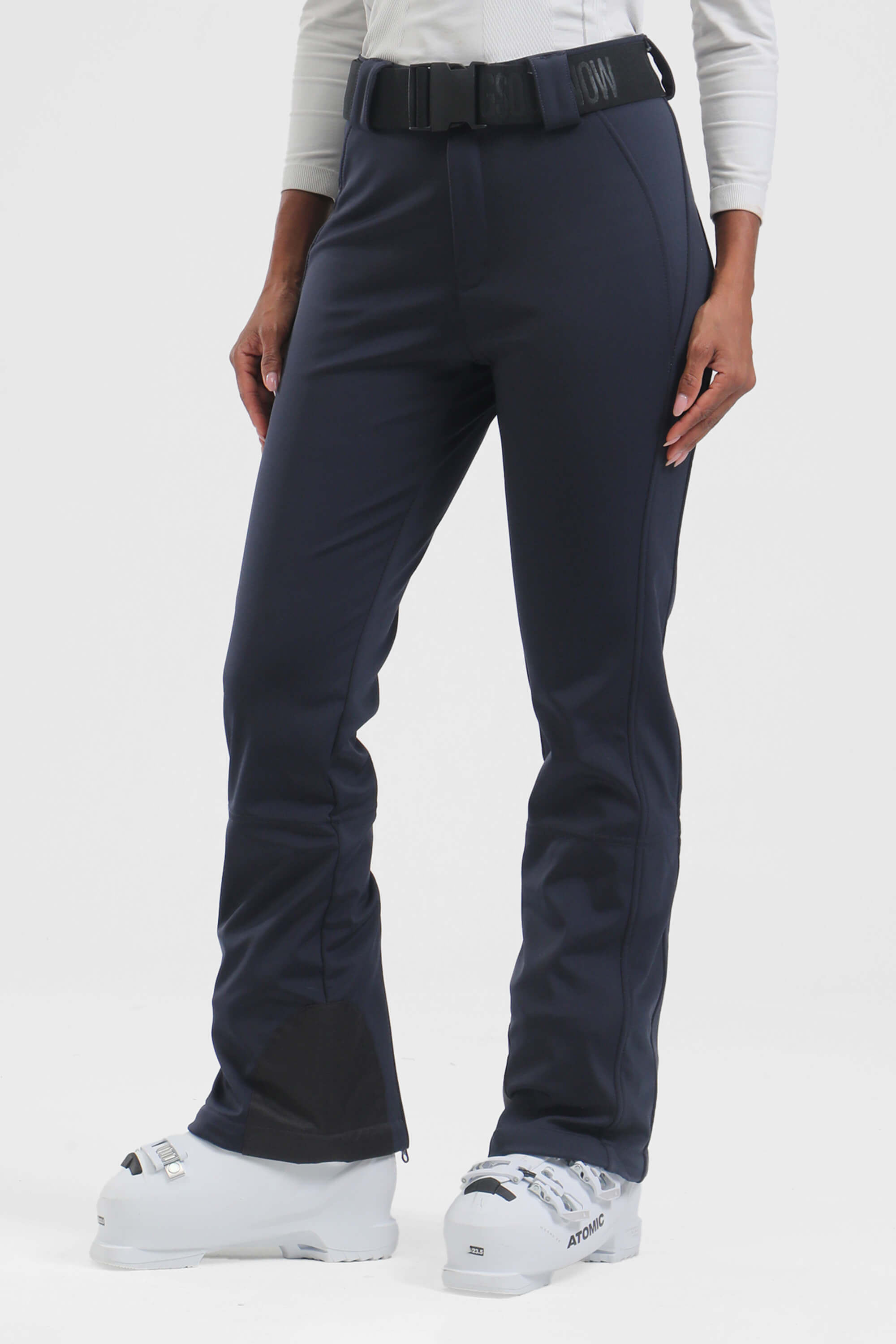 Women's black slim fit fleece-lined ski pants by Les Odettes, showing the sleek, fitted design with visible fleece lining.