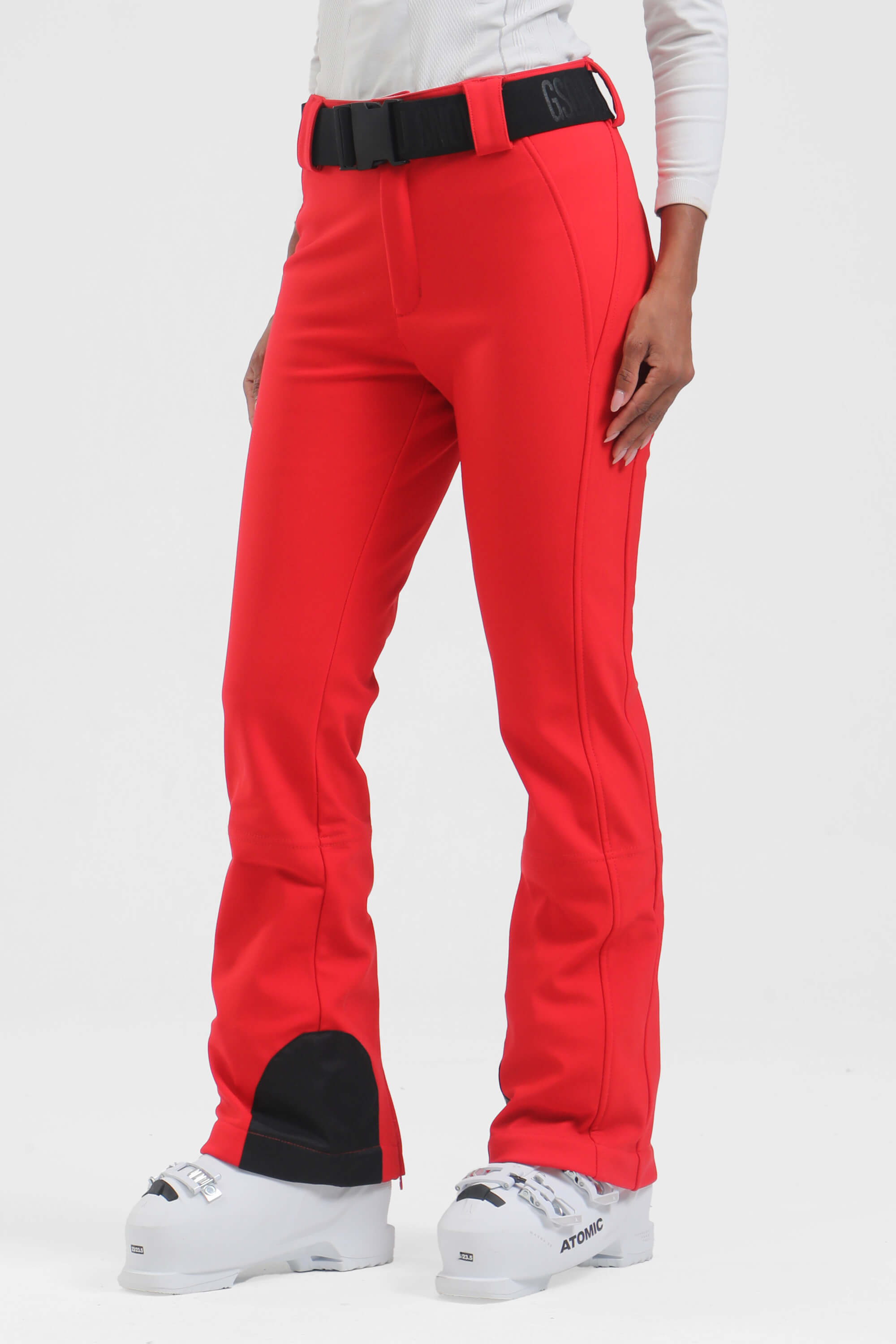 Black women's slim fit fleece-lined ski pants by Les Odettes, showing the fitted design and ski-appropriate fabric.