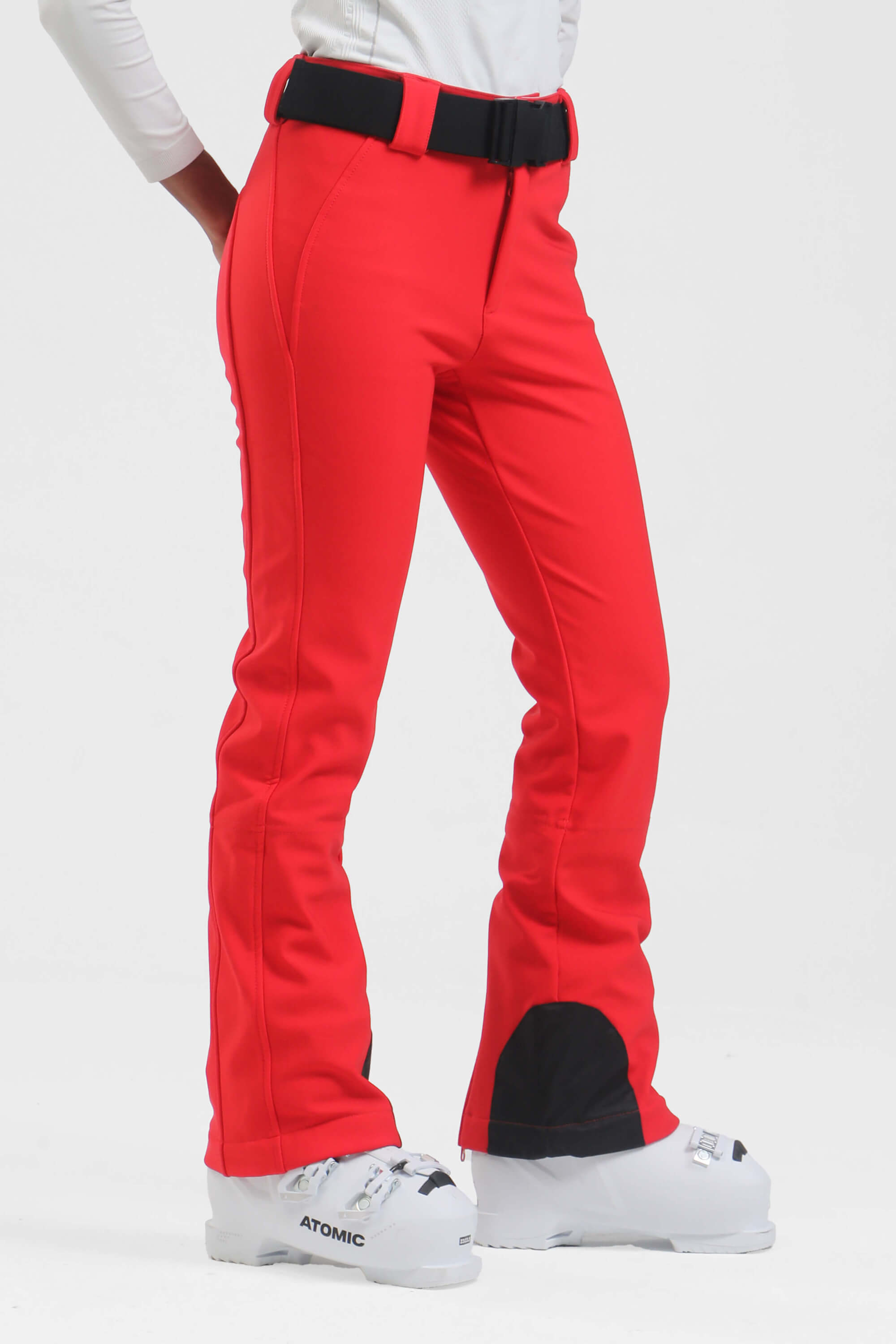 Women's black slim fit fleece-lined ski pants by Les Odettes, showing the sleek, wearable design and ski-ready material.
