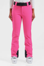 Women's black wearable slim fit fleece-lined ski pants by Les Odettes, showing close-up of the fitted waist and fleece interior.