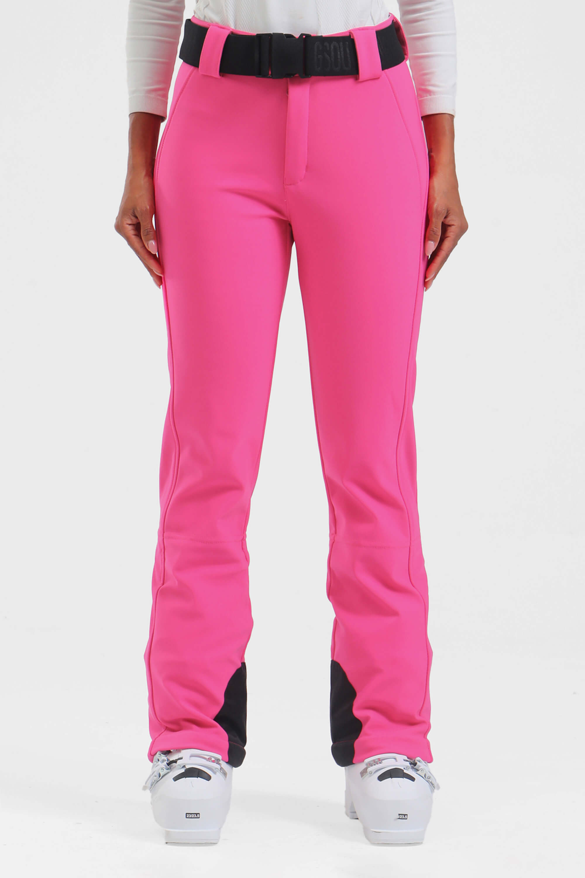 Women's black wearable slim fit fleece-lined ski pants by Les Odettes, showing close-up of the fitted waist and fleece interior.
