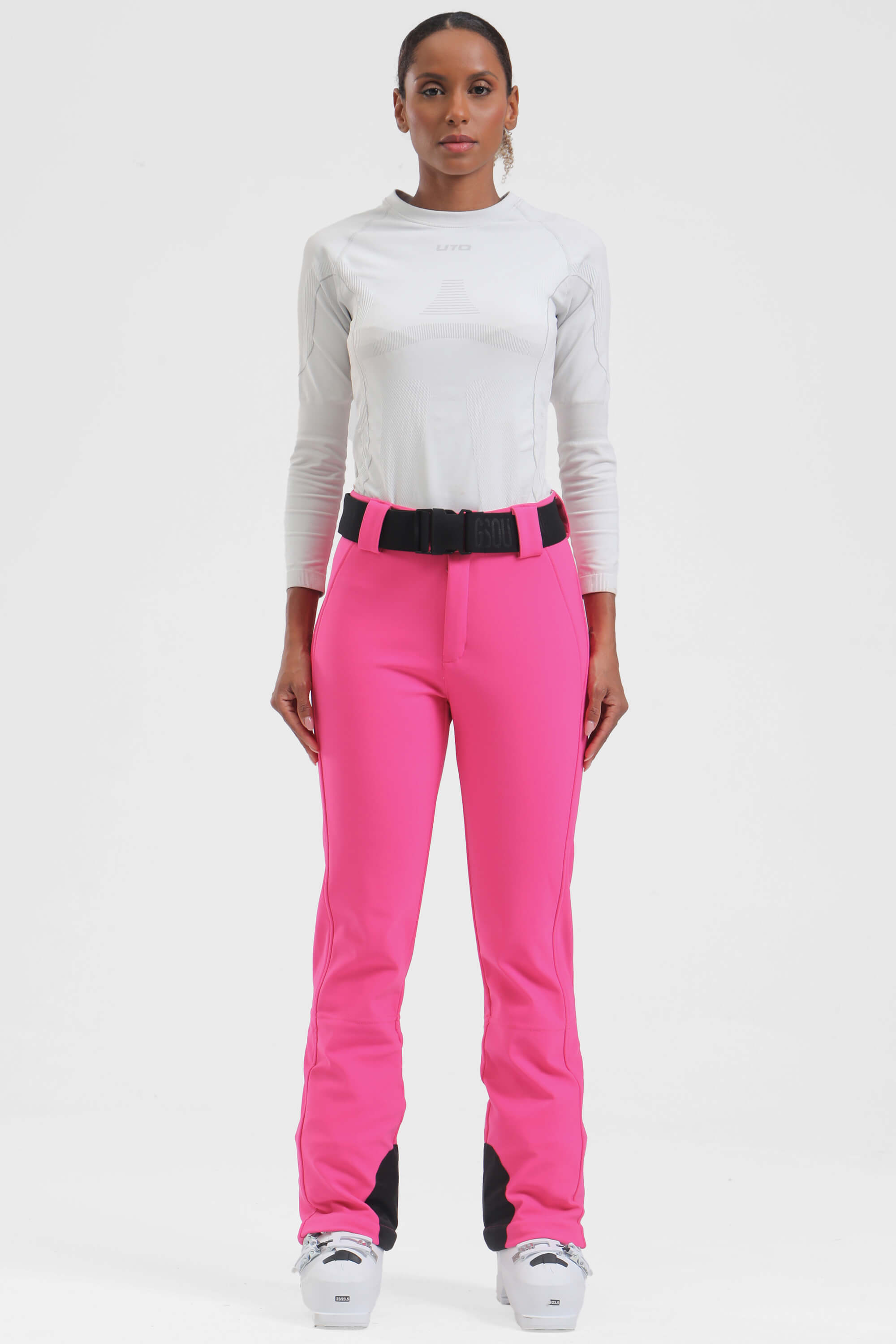 Women’s black wearable slim fit fleece-lined ski pants by Les Odettes, showing the close-up of the fitted waistband and fleece interior.