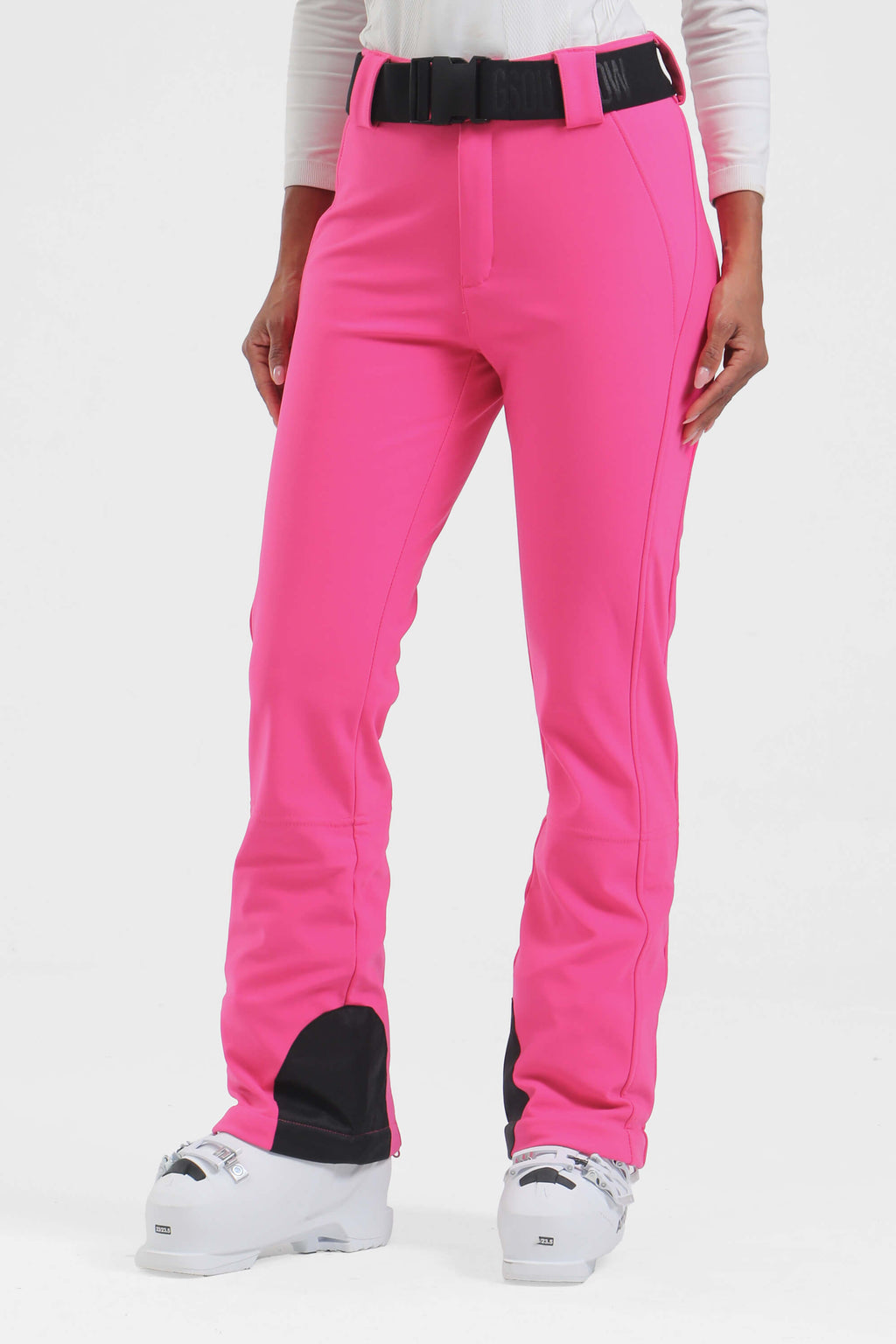 Black women's slim fit fleece-lined ski pants by Les Odettes, showing the fitted design and winter-ready fabric.