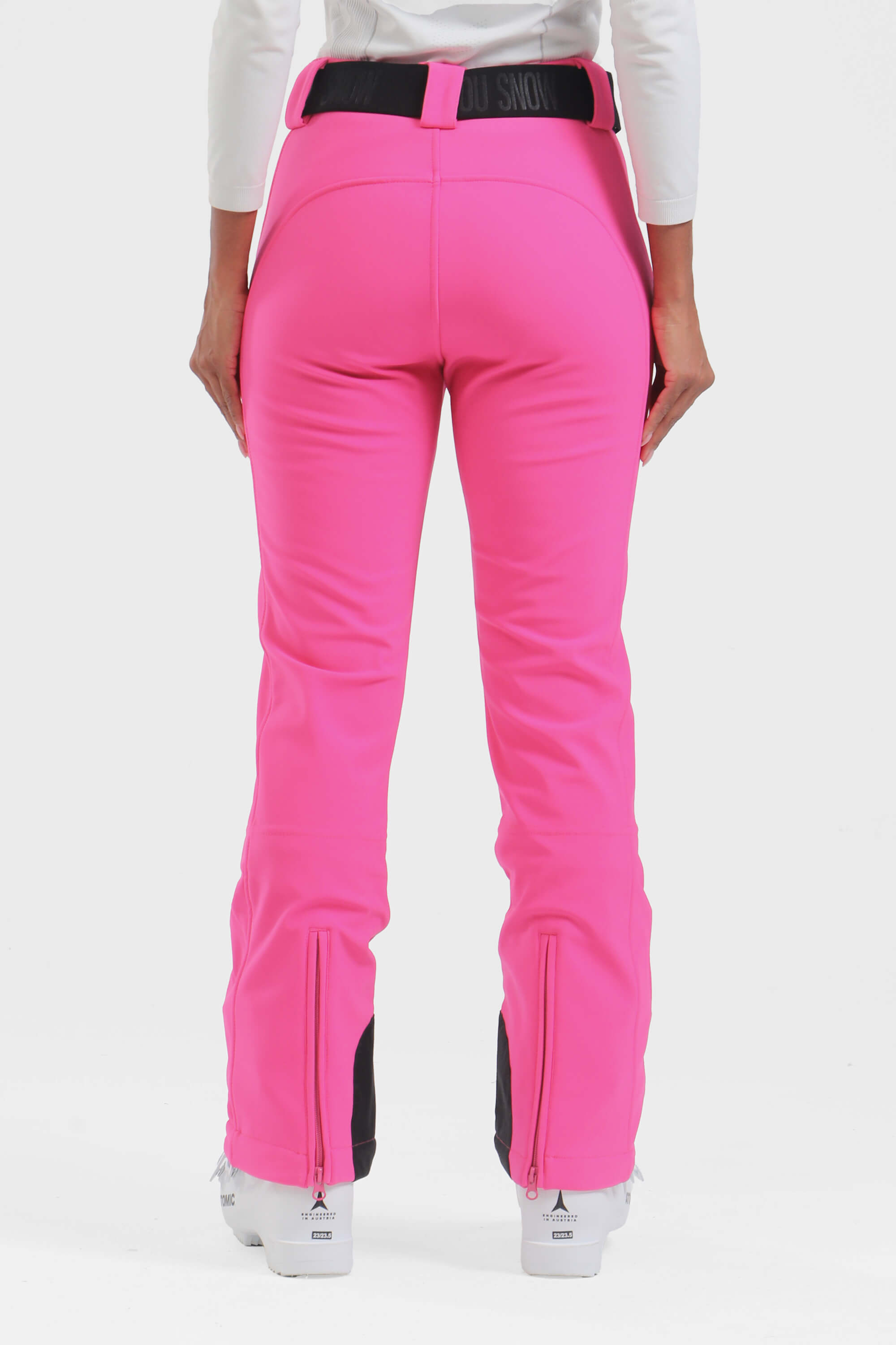 Women's black slim fit fleece-lined ski pants by Les Odettes, showing the fitted design and ski-ready fabric.