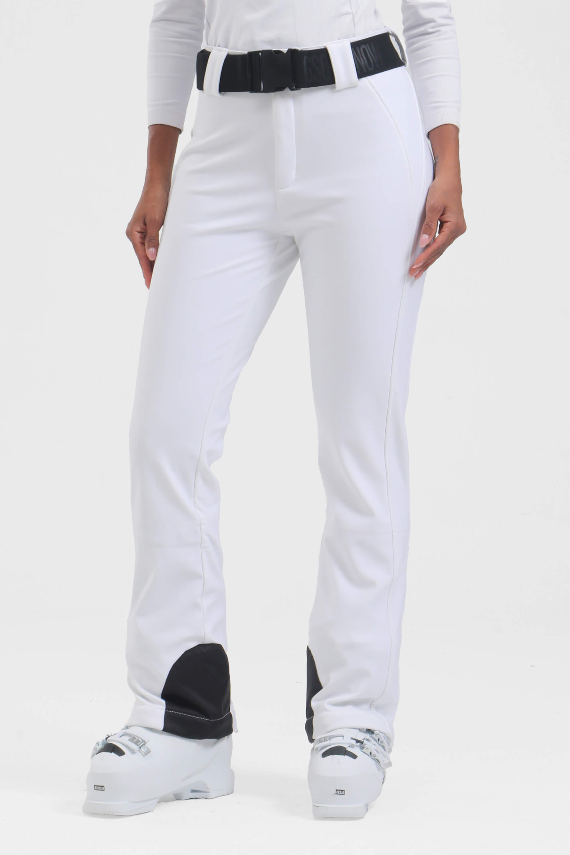 Women's black wearable slim fit fleece-lined ski pants by Les Odettes, showing the sleek design and cozy fleece interior.