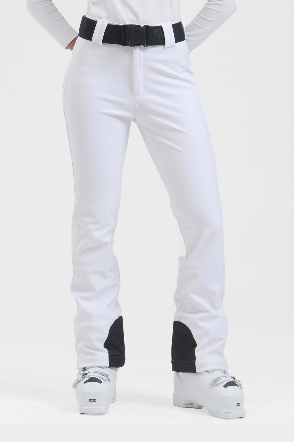 Women's black slim fit fleece-lined ski pants by Les Odettes, showing the fitted design and ski pant details.