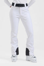 Women's black slim fit fleece-lined ski pants by Les Odettes, showing the fitted design and ski pant details.