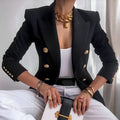 Les Odettes Monroe women's double-breasted blazer with gold buttons, tailored fit, classic style, shown in image.