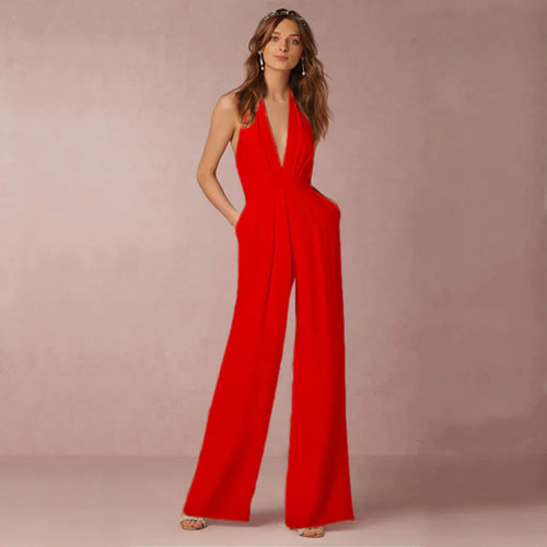 Deep V Neck Backless Wide Leg Jumpsuit for Women