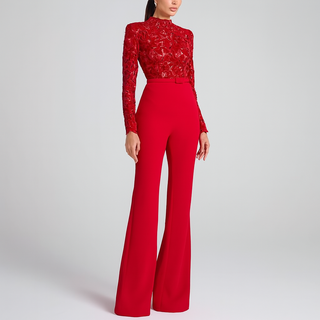 Lace Top Wide Leg Jumpsuit for Women with Defined Waist