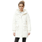 White women's puffer jacket with hood by Les Odettes, featuring a quilted design and cozy winter insulation.
