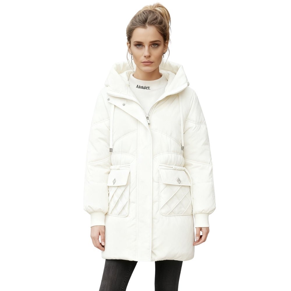 White women's puffer jacket with hood by Les Odettes, featuring a quilted design and cozy winter insulation.