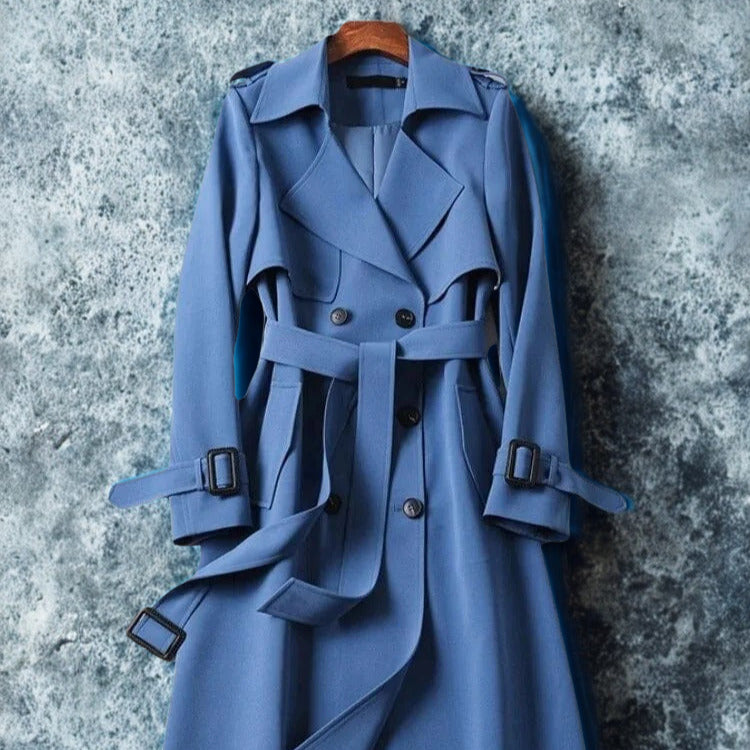 Women’s Vintage Style Belted Trench Coat with Epaulettes and Mid-Length Cut