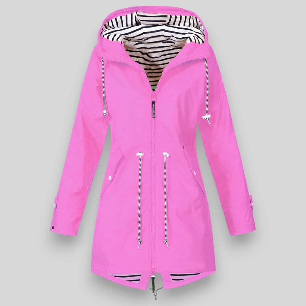 Noa™ sleek waterproof jacket by Les Odettes, shown in a stylish coat with a modern design, suitable for rainy weather.