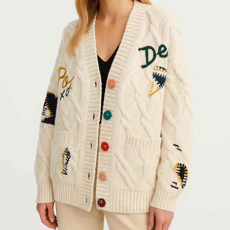 Women’s Patchwork Embroidered Knit Cardigan – V-Neck Button Style