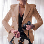 Les Odettes Monroe women's double-breasted blazer with gold buttons, tailored fit, and classic style in black fabric.