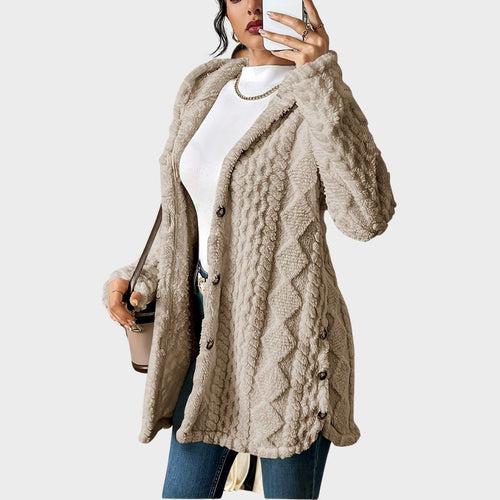 Les Odettes Adriana™ plush hooded cardigan worn by a model, featuring soft fabric, cozy hood, and relaxed fit.