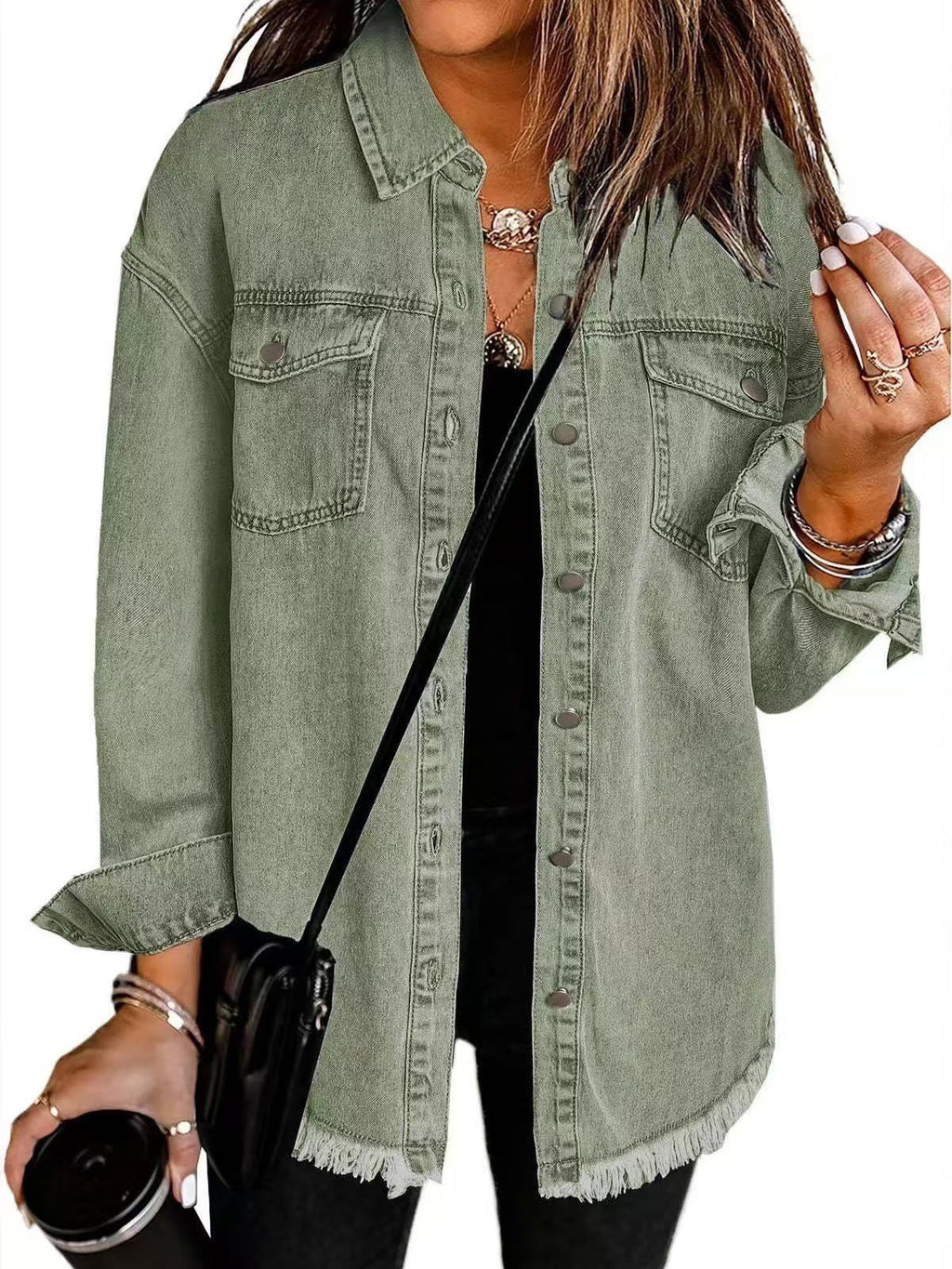 Les Odettes Madeline™ Classic Everyday Denim Jacket, front view showcasing blue denim with button closure and collar.