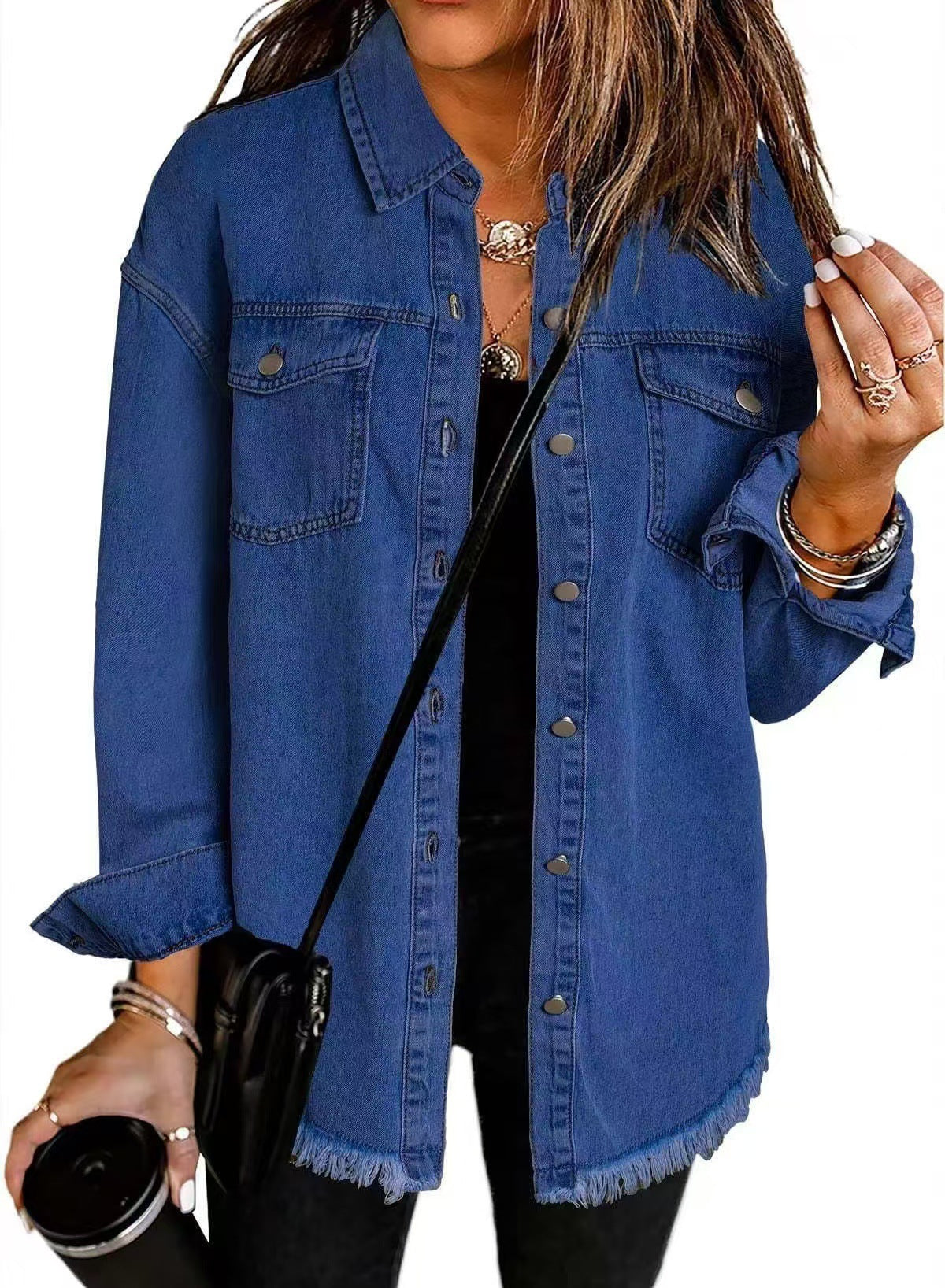 Les Odettes Madeline™ Classic Everyday Denim Jacket, front view with collar and button closure, in light blue denim.