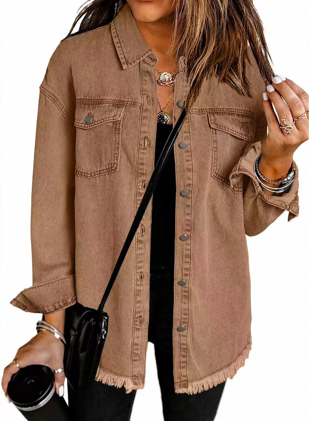 Les Odettes Madeline™ classic denim jacket, everyday style in medium wash with button-front and collar detail.