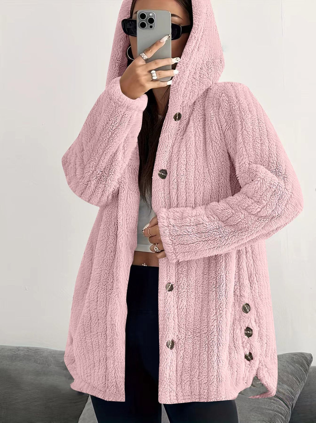 Les Odettes Kendall™ hooded cardigan in soft knit fabric, featuring a hood and front pockets, styled in a neutral color.
