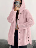 Les Odettes Kendall™ hooded cardigan in soft knit fabric, featuring a hood and front pockets, styled in a neutral color.