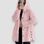 Kendall™ hooded cardigan by Les Odettes, soft knit fabric with a hood, front pockets, and relaxed fit, in neutral color.