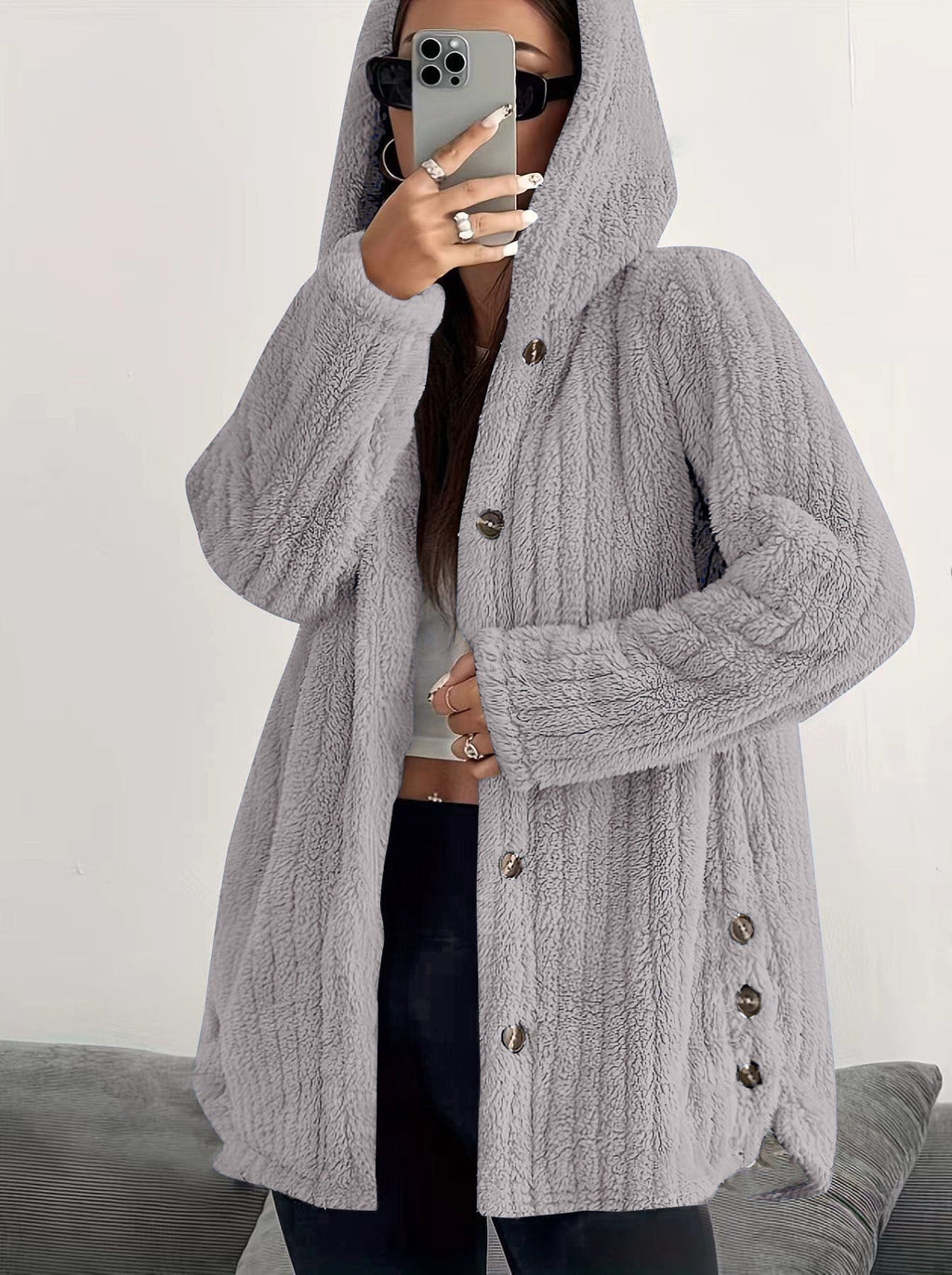 Kendall™ hooded cardigan by Les Odettes in soft knit fabric, featuring a cozy hood and relaxed fit, light beige color.