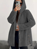 Kendall™ hooded cardigan by Les Odettes in soft knit fabric with a relaxed fit and front pockets, shown in a neutral color.