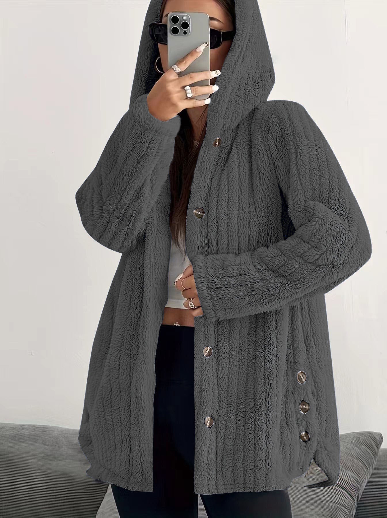 Kendall™ hooded cardigan by Les Odettes in soft knit fabric with a relaxed fit and front pockets, shown in a neutral color.