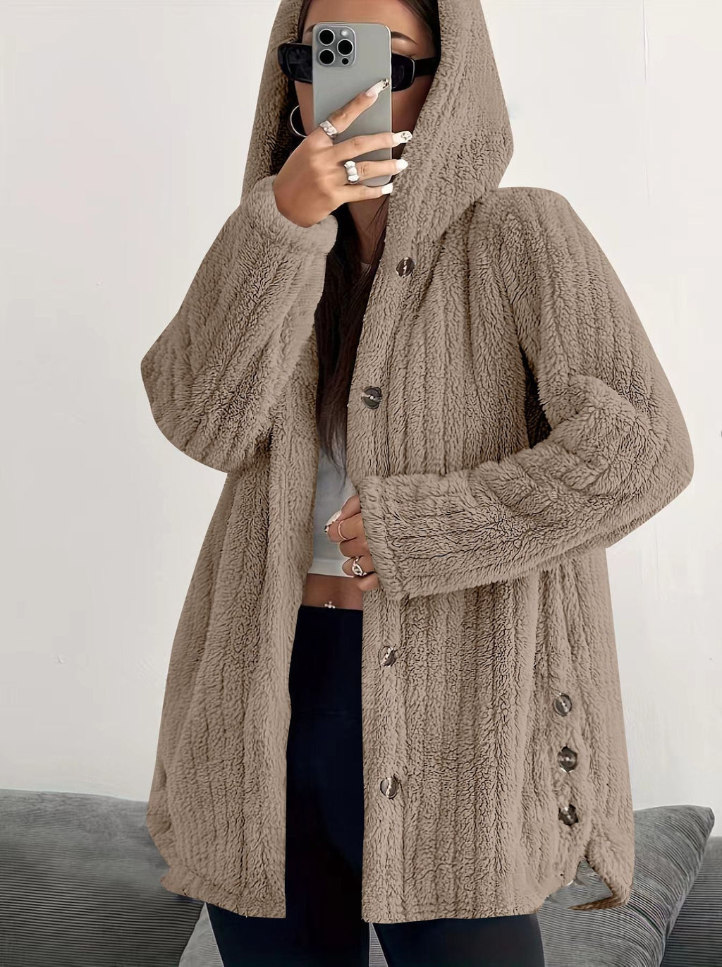 Kendall™ hooded cardigan by Les Odettes, featuring a cozy knit with a hood, button front, and long sleeves in a neutral color.